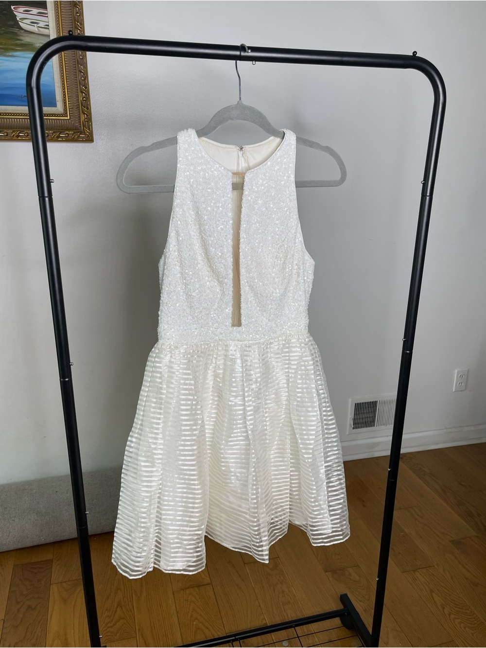 Hailey Logan white sequin dress with vertical stripes, size: XS